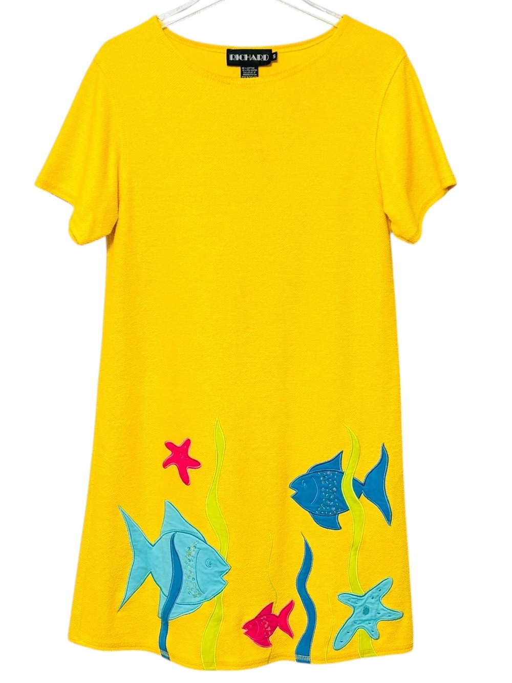 Vintage Richard Sport Yellow Terry Cloth Fish Applique Beach Coverup Dress Small